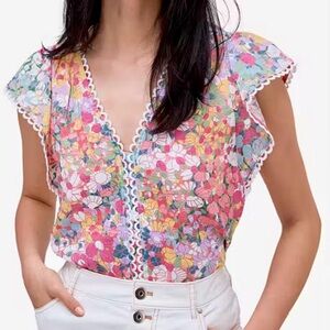 NWT Kate Spade Floral Dot Burnout Cap Sleeve Blouse Sz M Pink Multi White Top